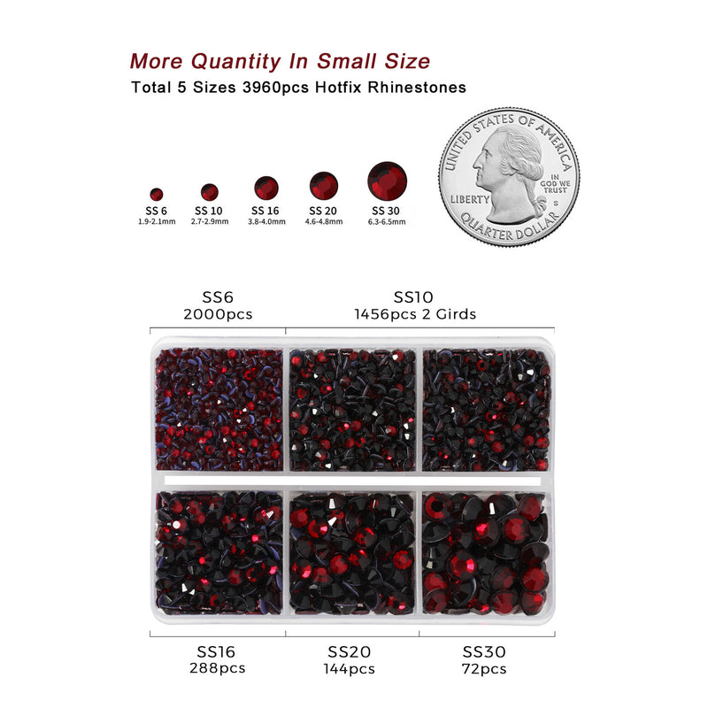 Hotfix Rhinestones 3960pcs, Rhinestone for Clothes, Hot Fix Crystals Rhinestones with Tweezers and Wax Pencil Kit,Mixed 5 Sizes, SS6-SS30, Dark Siam