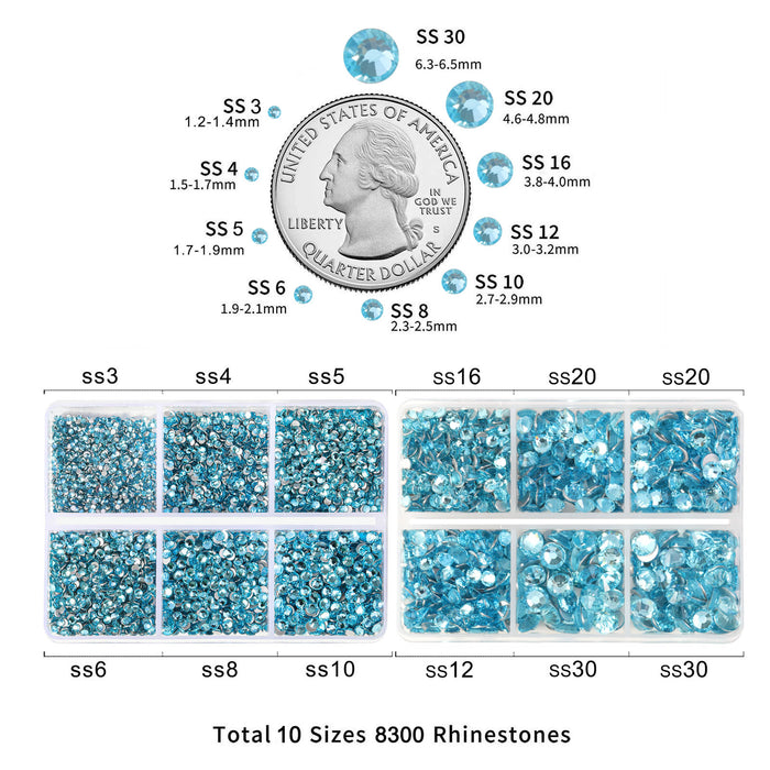 Beadsland 8300 Stück Strasssteine ​​mit flacher Rückseite, Nagelsteine, runde Kristall-Strasssteine ​​zum Basteln, gemischt in 10 Größen mit Wachsstift und Pinzetten-Set, SS3-SS30-Aquamarin