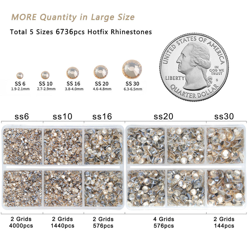 6736pcs Hotfix Rhinestones for Crafts Clothes Mixed 5 Sizes, Hotfix Crystals with Tweezers and Wax Pencil Kit, SS6-SS30- Golden Shadow