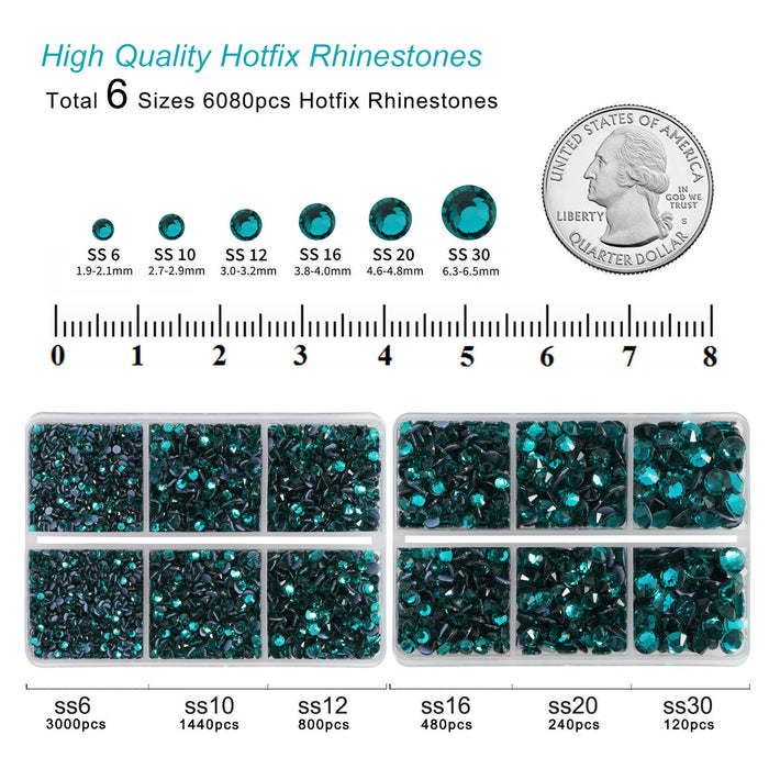 BEADSLAND Hotfix Rhinestones, 6080PCS Blue Rhinestones for Clothes Crafts Mixed 6 Sizes with Wax Pencil and Tweezers Kit - Blue Zircon