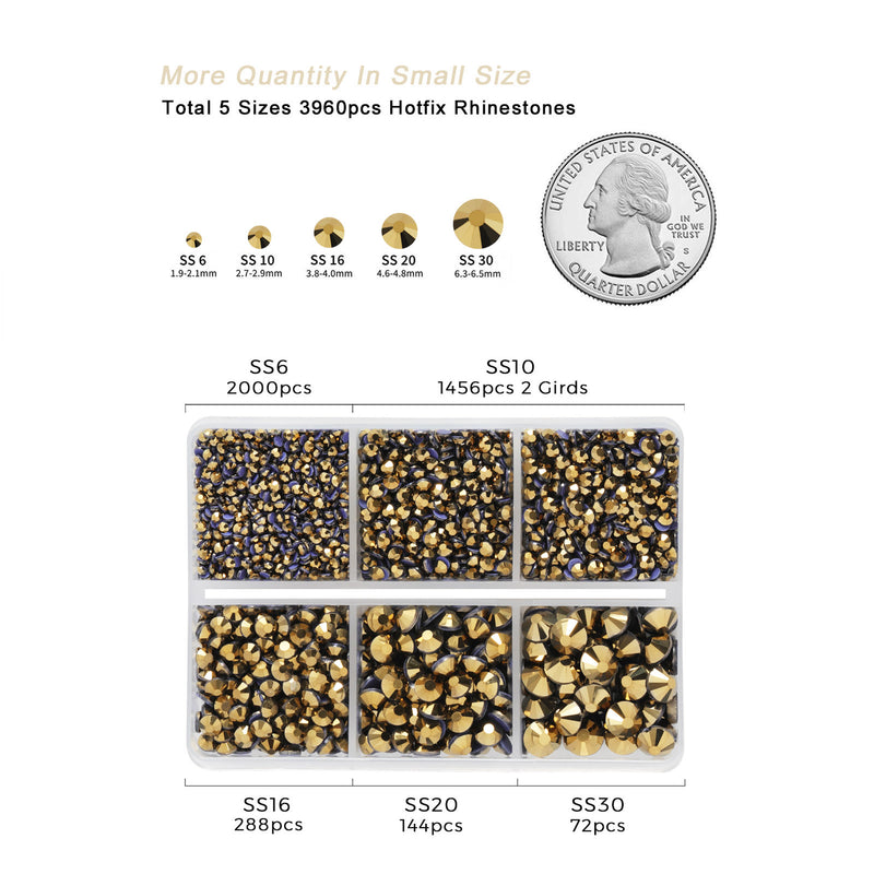Hotfix Rhinestones 3960pcs, Rhinestone for Clothes, Hot Fix Crystals Rhinestones with Tweezers and Wax Pencil Kit,Mixed 5 Sizes, SS6-SS30, Aurum