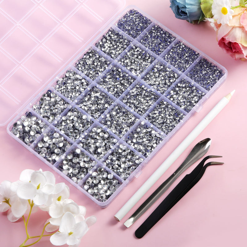 Crystal Hotfix Rhinestones Multi Sizes Kit, 14400 pcs Heat Fix Rhinestone for Bedazzling Clothes Crafts Mixed 5 Sizes with Wax Pencil, Tweezers and Spoon, SS6-SS30, Crystal