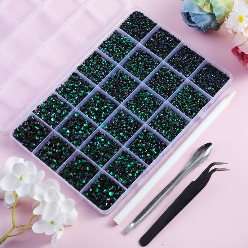 Dark Green Hotfix Rhinestones Multi Sizes Kit, 14400 pcs Heat Fix Rhinestone for Bedazzling Clothes Crafts Mixed 5 Sizes with Wax Pencil, Tweezers and Spoon, SS6-SS30, Emerald
