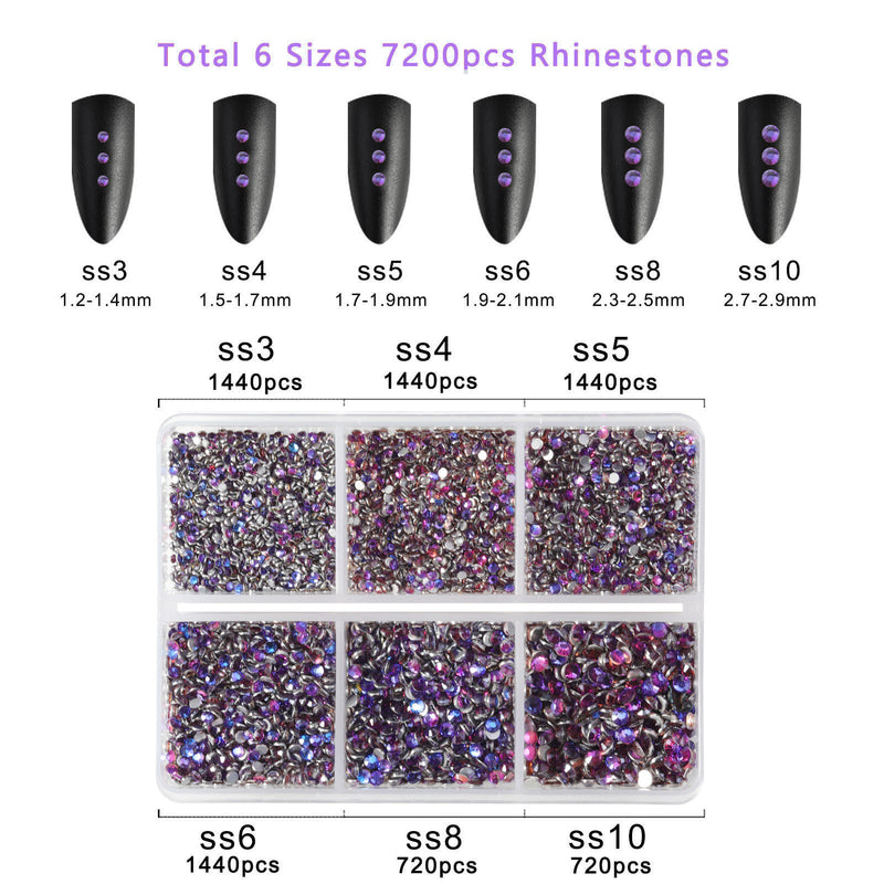 Beadsland 7200pcs Flatback Rhinestones,Nail Gems Round Crystal Rhinestones for Crafts,Mixed 6 Sizes with Wax Pencil Kit, SS3-SS10-Purple Velvet