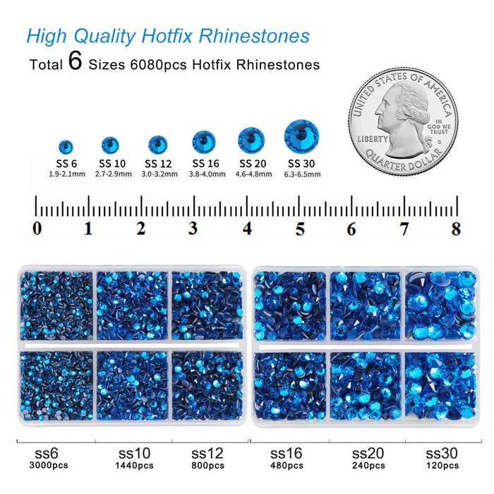 BEADSLAND Hotfix Rhinestones, 6080PCS Blue Rhinestones for Clothes Crafts Mixed 6 Sizes with Wax Pencil and Tweezers Kit - Capri Blue