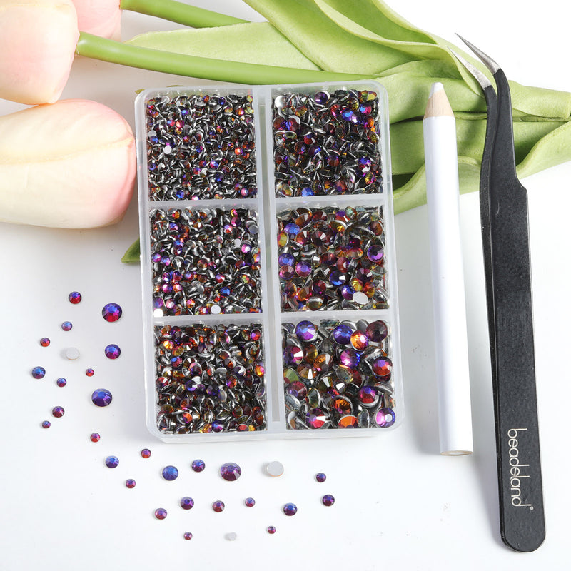Beadsland 4300pcs Flatback Rhinestones,  Nail Gems Round Crystal Rhinestones for Crafts,Mixed 6 Sizes with Picking Tweezers and Wax Pencil Kit-Blue Volcano