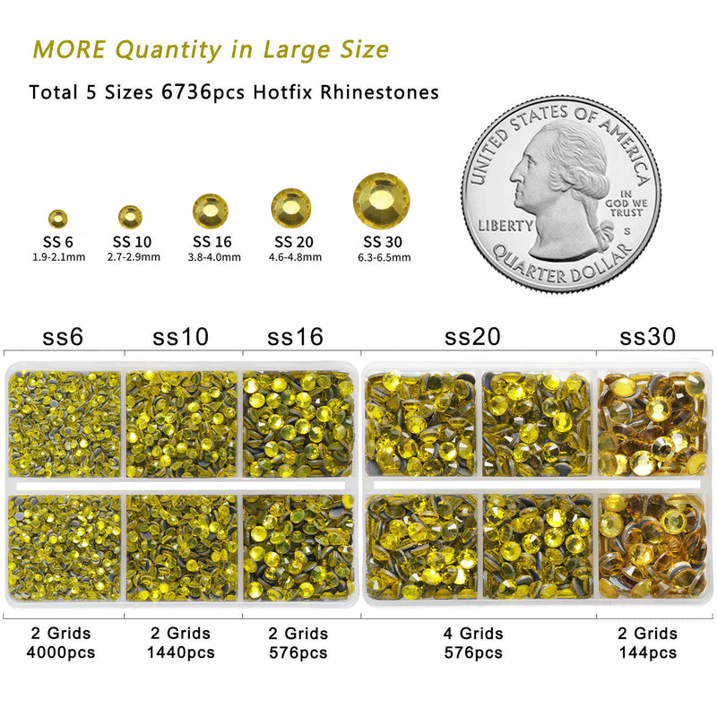 6736pcs Hotfix Rhinestones for Crafts Clothes Mixed 5 Sizes, Hotfix Crystals with Tweezers and Wax Pencil Kit, SS6-SS30-Lemon Yellow