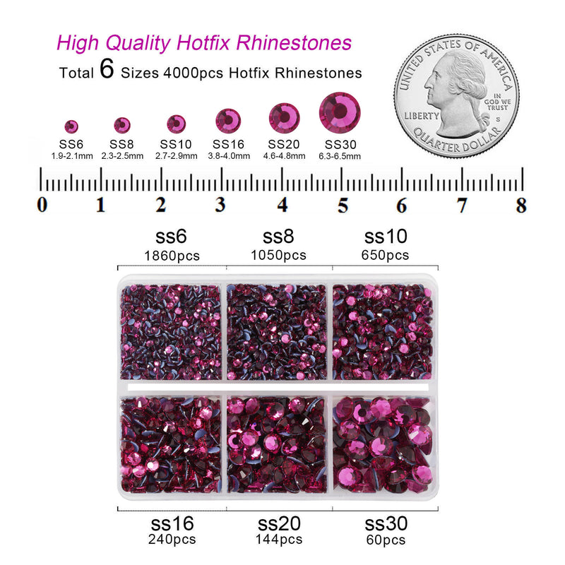 BEADSLAND Hotfix Rhinestones, 4000 PCS Fuchsia Rhinestones for Clothes Crafts Mixed 6 Sizes with Wax Pencil and Tweezers Kit, SS6-SS30, Fuchsia