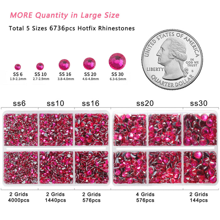 6736pcs Hotfix Rhinestones for Crafts Clothes Mixed 5 Sizes, Hotfix Crystals with Tweezers and Wax Pencil Kit, SS6-SS30-Hot Pink
