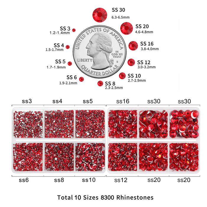 Beadsland 8300 piezas de diamantes de imitación con reverso plano, gemas para uñas, diamantes de imitación de cristal redondos para manualidades, 10 tamaños mezclados con lápiz de cera y kit de pinzas, SS3-SS30-Light Siam