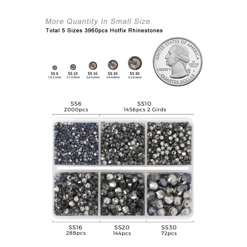 Hotfix Rhinestones 3960pcs, Rhinestone for Clothes, Hot Fix Crystals Rhinestones with Tweezers and Wax Pencil Kit,Mixed 5 Sizes, SS6-SS30, Black Diamond
