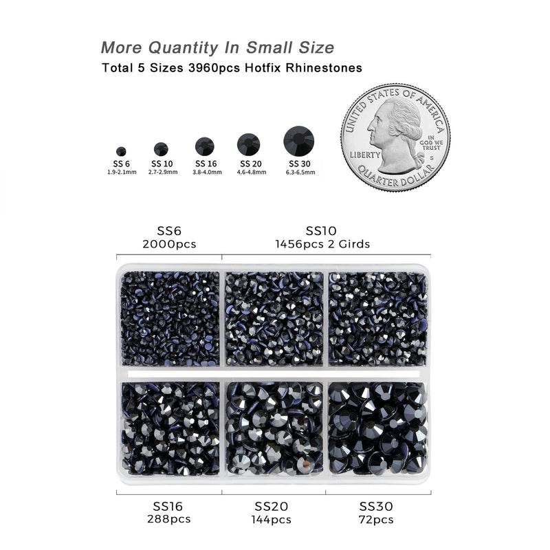 Hotfix Rhinestones 3960pcs, Rhinestone for Clothes, Hot Fix Crystals Rhinestones with Tweezers and Wax Pencil Kit,Mixed 5 Sizes, SS6-SS30, Jet Hematite