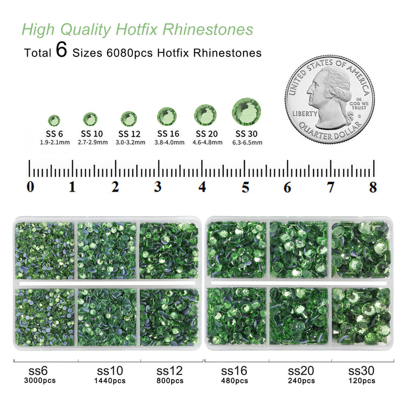 BEADSLAND Hotfix Rhinestones, 6080PCS Light Green Rhinestones for Clothes Crafts Mixed 6 Sizes with Wax Pencil and Tweezers Kit - Peridot