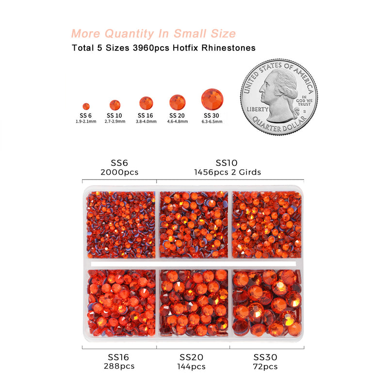 Hotfix Rhinestones 3960pcs, Rhinestone for Clothes, Hot Fix Crystals Rhinestones with Tweezers and Wax Pencil Kit,Mixed 5 Sizes, SS6-SS30, Hyacinth/Orange