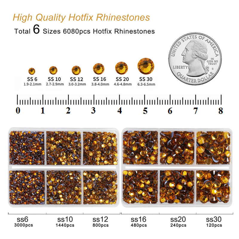 BEADSLAND Hotfix Rhinestones, 6080PCS Topaz Rhinestones for Clothes Crafts Mixed 6 Sizes with Wax Pencil and Tweezers Kit - Topaz