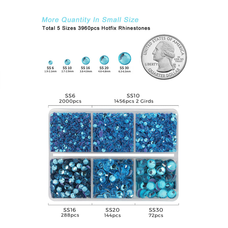 Hotfix Rhinestones 3960pcs, Rhinestone for Clothes, Hot Fix Crystals Rhinestones with Tweezers and Wax Pencil Kit,Mixed 5 Sizes, SS6-SS30, Aquamarine