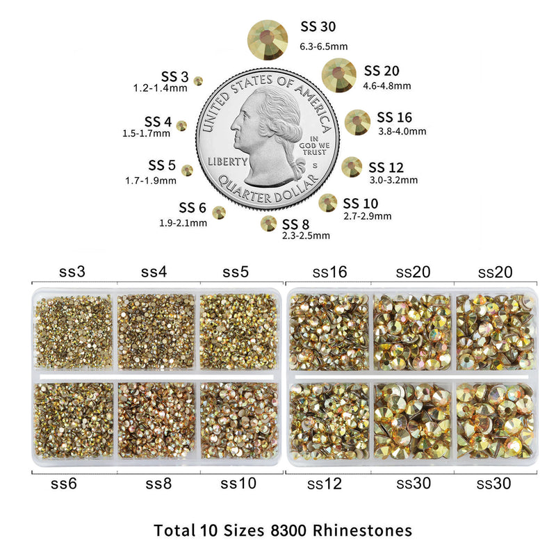 Beadsland 8300PCS Flatback Rhinestones, Nail Gems Round Crystal Rhinestones for Crafts, Mixed 10 Sizes with Wax Pencil and Tweezer Kit, SS3-SS30-Metal Sunlight