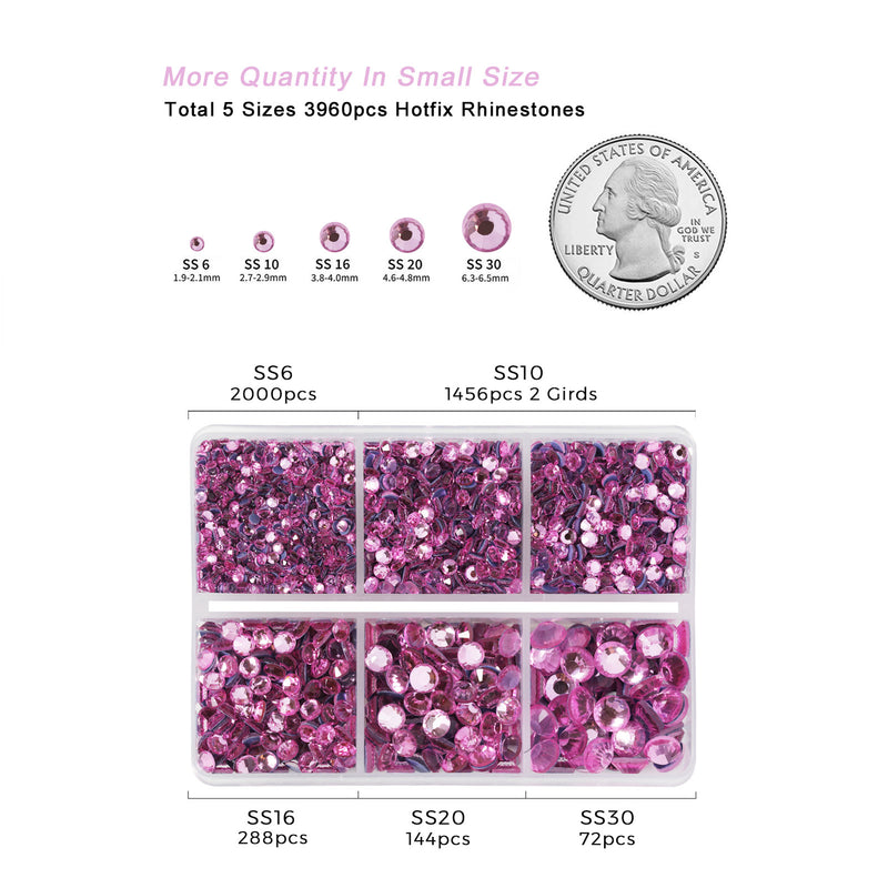 Hotfix Rhinestones 3960pcs, Rhinestone for Clothes, Hot Fix Crystals Rhinestones with Tweezers and Wax Pencil Kit,Mixed 5 Sizes, SS6-SS30, Dark Pink