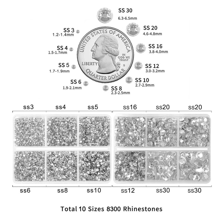 Beadsland 8300 piezas de diamantes de imitación con reverso plano, gemas para uñas, diamantes de imitación de cristal redondos para manualidades, 10 tamaños mezclados con lápiz de cera y kit de pinzas, SS3-SS30 - Cristal