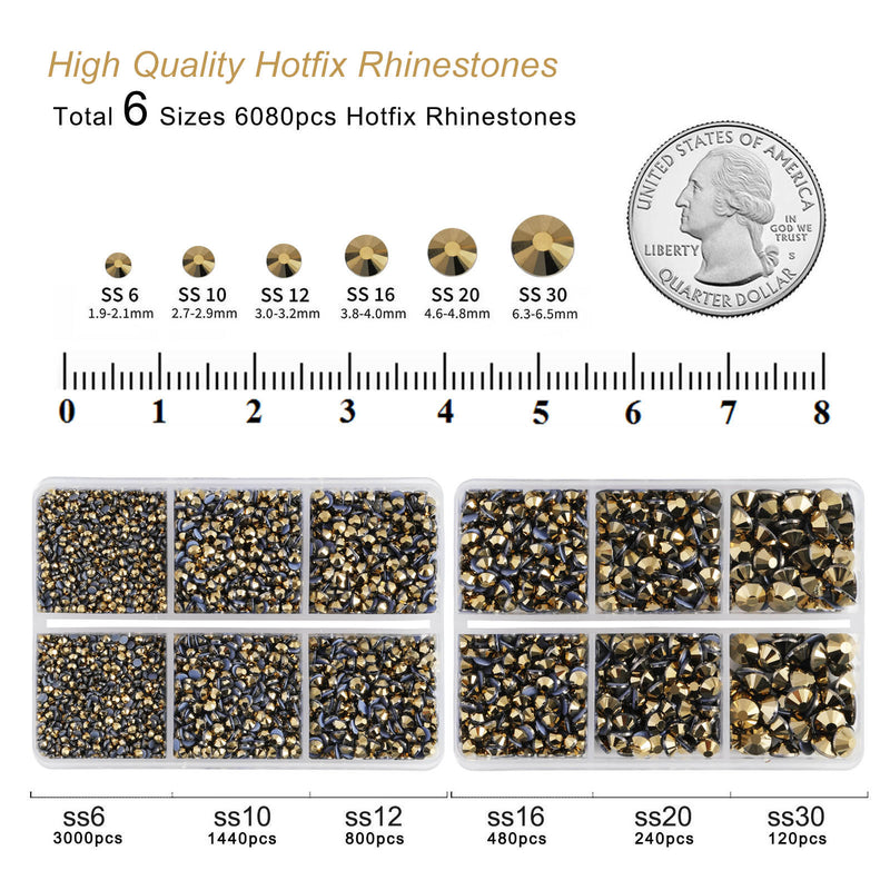 BEADSLAND Hotfix Rhinestones, 6080PCS Aurum Rhinestones for Clothes Crafts Mixed 6 Sizes with Wax Pencil and Tweezers Kit - Aurum