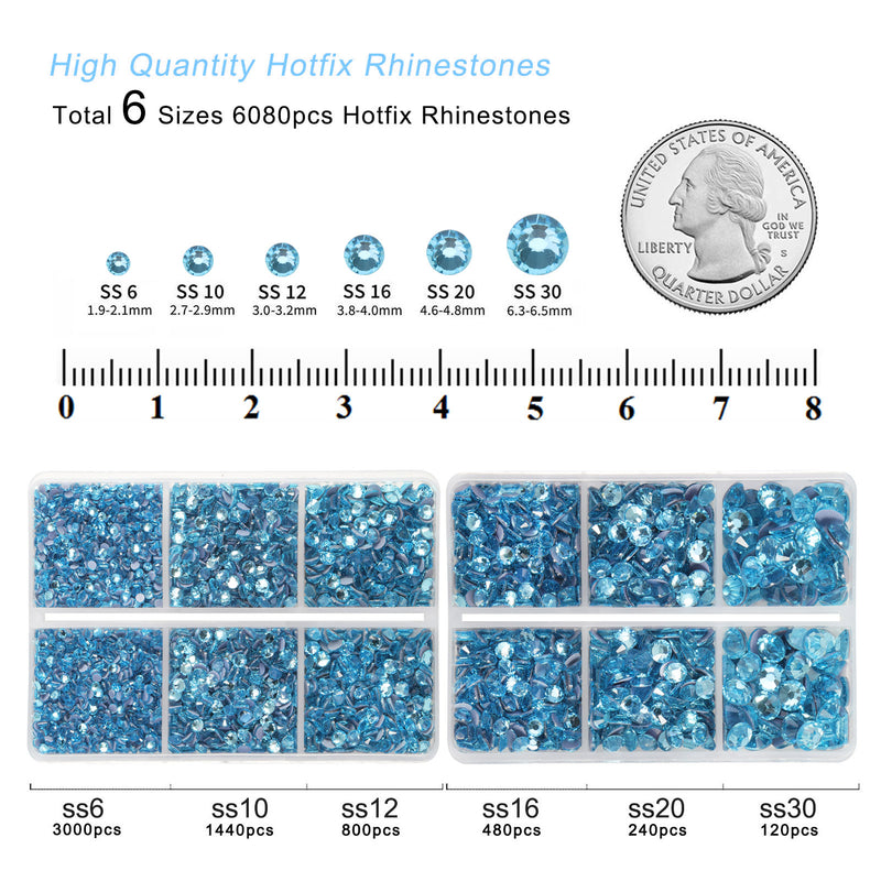 BEADSLAND Hotfix Rhinestones, 6080PCS Blue Rhinestones for Clothes Crafts Mixed 6 Sizes with Wax Pencil and Tweezers Kit - Aquamarine