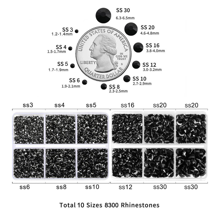 Beadsland 8300 Stück Strasssteine ​​mit flacher Rückseite, Nagelsteine, runde Kristall-Strasssteine ​​zum Basteln, gemischt in 10 Größen mit Wachsstift und Pinzetten-Set, SS3-SS30-Schwarz