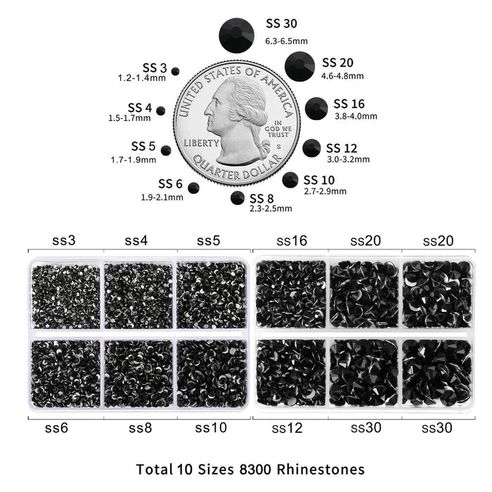 Beadsland 8300 piezas de diamantes de imitación con reverso plano, gemas para uñas, diamantes de imitación de cristal redondos para manualidades, 10 tamaños mezclados con lápiz de cera y kit de pinzas, SS3-SS30-negro