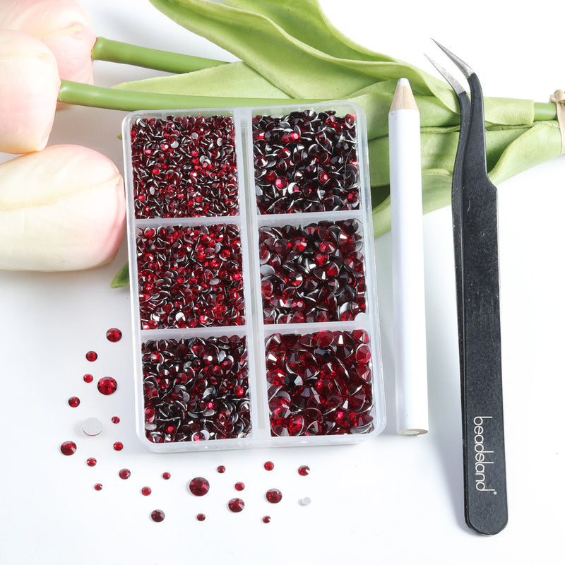 Beadsland 4300pcs Flatback Rhinestones,  Nail Gems Round Crystal Rhinestones for Crafts,Mixed 6 Sizes with Picking Tweezers and Wax Pencil Kit- Dark Siam