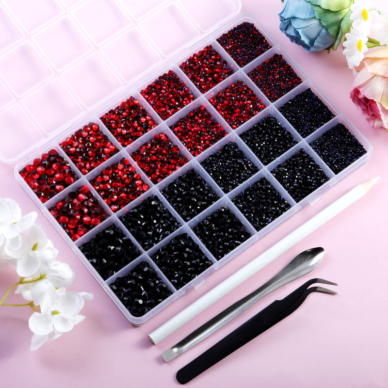 Hotfix Rhinestones Multi Sizes Kit, 14400 pcs Heat Fix Rhinestone for Bedazzling Clothes Crafts Mixed 5 Sizes with Wax Pencil, Tweezers and Spoon, SS6-SS30, Siam and Black