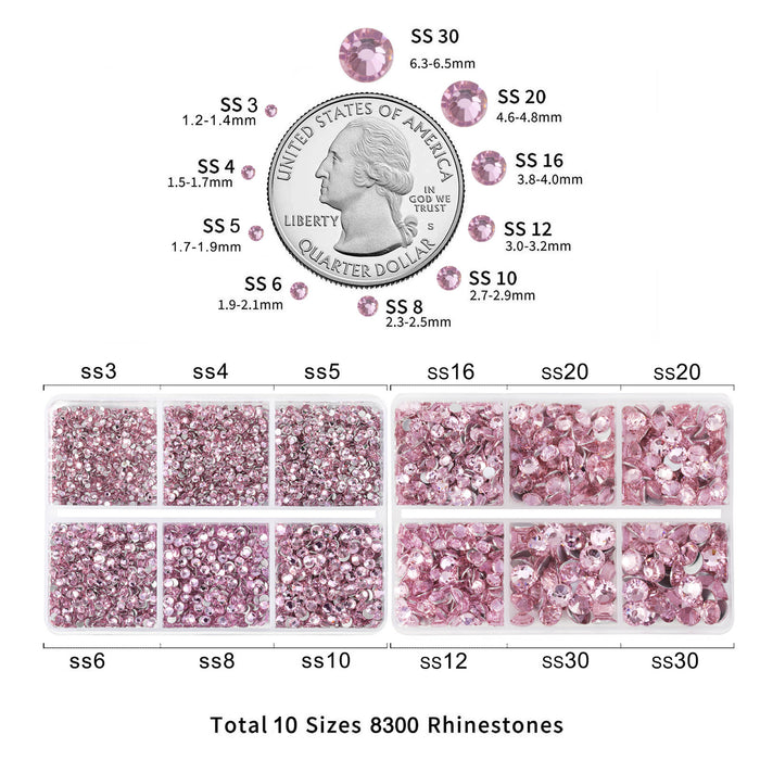 Beadsland 8300 Stück Strasssteine ​​mit flacher Rückseite, Nagelsteine, runde Kristall-Strasssteine ​​zum Basteln, gemischt in 10 Größen mit Wachsstift und Pinzetten-Set, SS3-SS30-Hellrosa