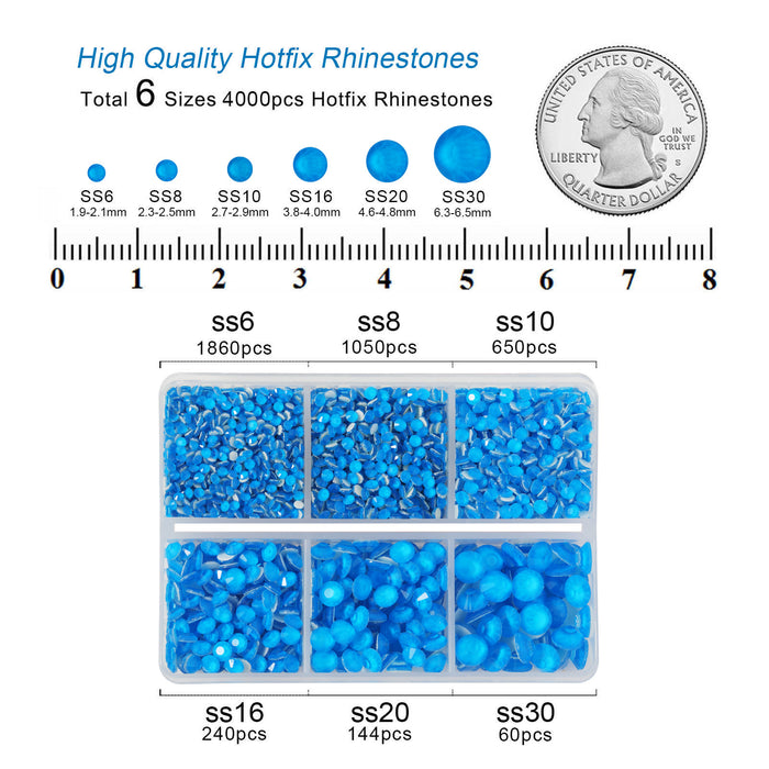 BEADSLAND Hotfix Rhinestones, 4000 PCS Neon Blue Rhinestones for Clothes Crafts Mixed 6 Sizes with Wax Pencil and Tweezers Kit, SS6-SS30, Neon Blue