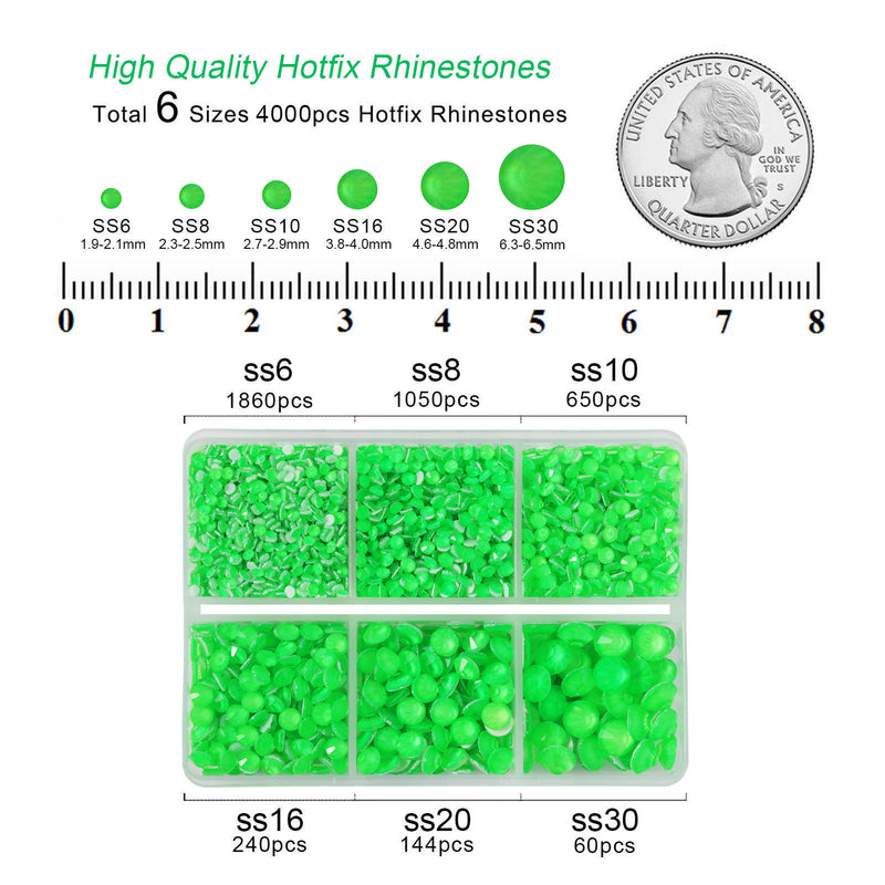 BEADSLAND Hotfix Rhinestones, 4000 PCS Neon Green Rhinestones for Clothes Crafts Mixed 6 Sizes with Wax Pencil and Tweezers Kit, SS6-SS30, Neon Green