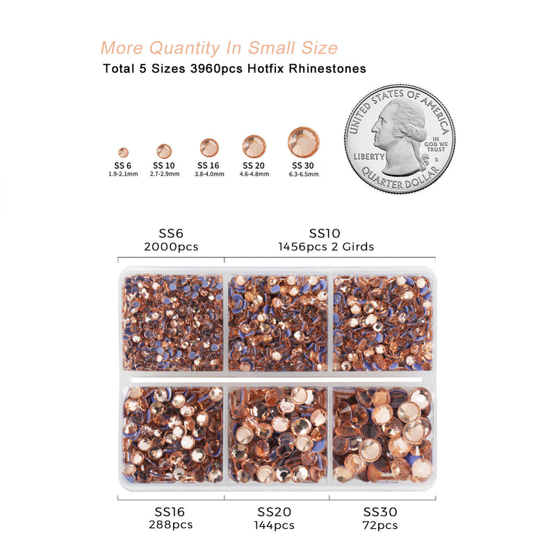 Hotfix Rhinestones 3960pcs, Rhinestone for Clothes, Hot Fix Crystals Rhinestones with Tweezers and Wax Pencil Kit,Mixed 5 Sizes, SS6-SS30, Champagne