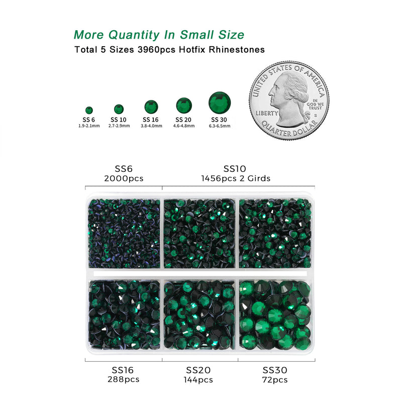 Hotfix Rhinestones 3960pcs, Rhinestone for Clothes, Hot Fix Crystals Rhinestones with Tweezers and Wax Pencil Kit,Mixed 5 Sizes, SS6-SS30, Emerald
