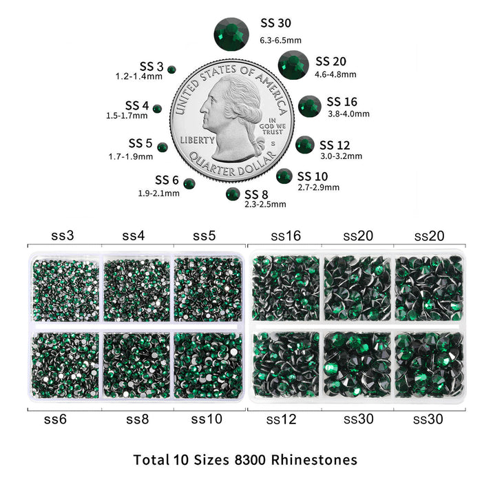 Beadsland 8300 piezas de diamantes de imitación con reverso plano, gemas para uñas, diamantes de imitación de cristal redondos para manualidades, 10 tamaños mezclados con lápiz de cera y kit de pinzas, SS3-SS30-Emerald