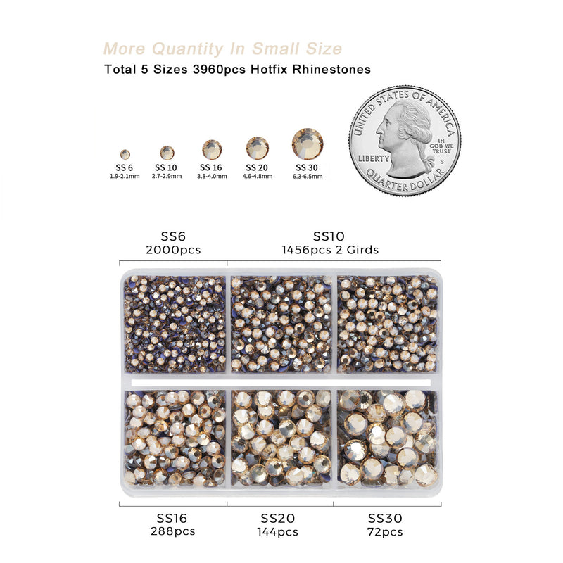 Hotfix Rhinestones 3960pcs, Rhinestone for Clothes, Hot Fix Crystals Rhinestones with Tweezers and Wax Pencil Kit,Mixed 5 Sizes, SS6-SS30, Golden Shadow
