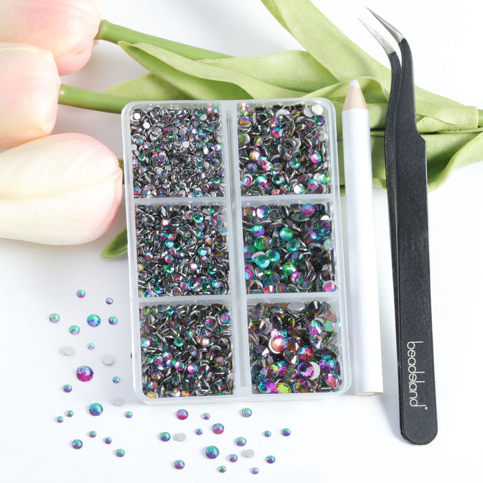 Beadsland 4300pcs Flatback Rhinestones,  Nail Gems Round Crystal Rhinestones for Crafts,Mixed 6 Sizes with Picking Tweezers and Wax Pencil Kit-Greenvolcano