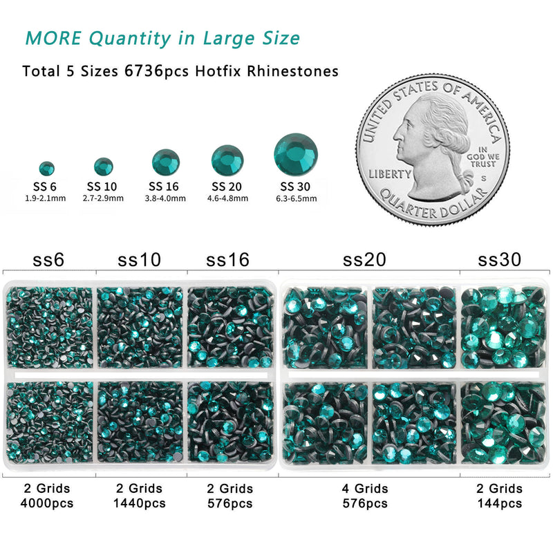 6736pcs Hotfix Rhinestones for Crafts Clothes Mixed 5 Sizes, Hotfix Crystals with Tweezers and Wax Pencil Kit, SS6-SS30- Blue Zircon
