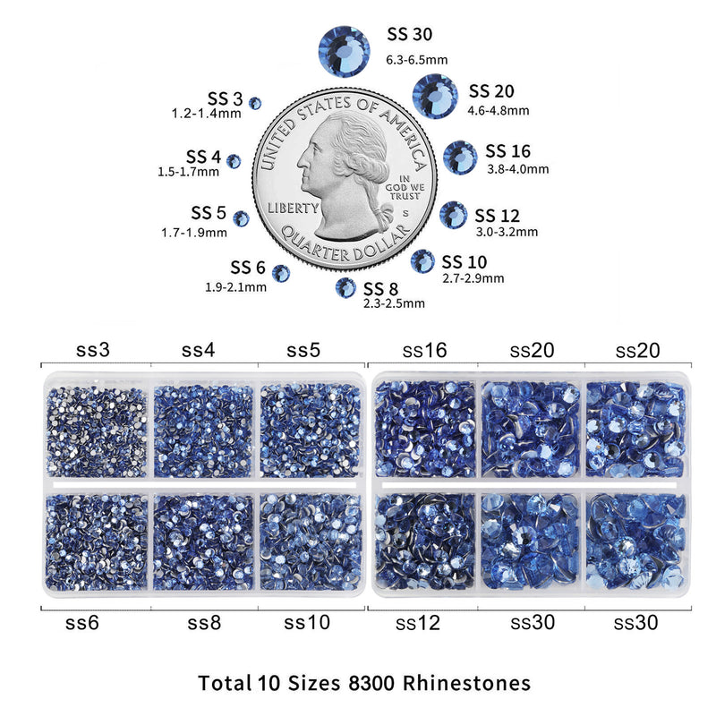 Beadsland 8300PCS Flatback Rhinestones, Nail Gems Round Crystal Rhinestones for Crafts, Mixed 10 Sizes with Wax Pencil and Tweezer Kit, SS3-SS30-Light Sapphire