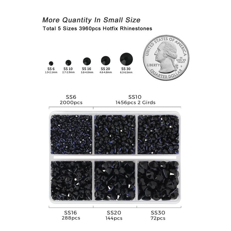 Hotfix Rhinestones 3960pcs, Rhinestone for Clothes, Hot Fix Crystals Rhinestones with Tweezers and Wax Pencil Kit,Mixed 5 Sizes, SS6-SS30, Jet Black
