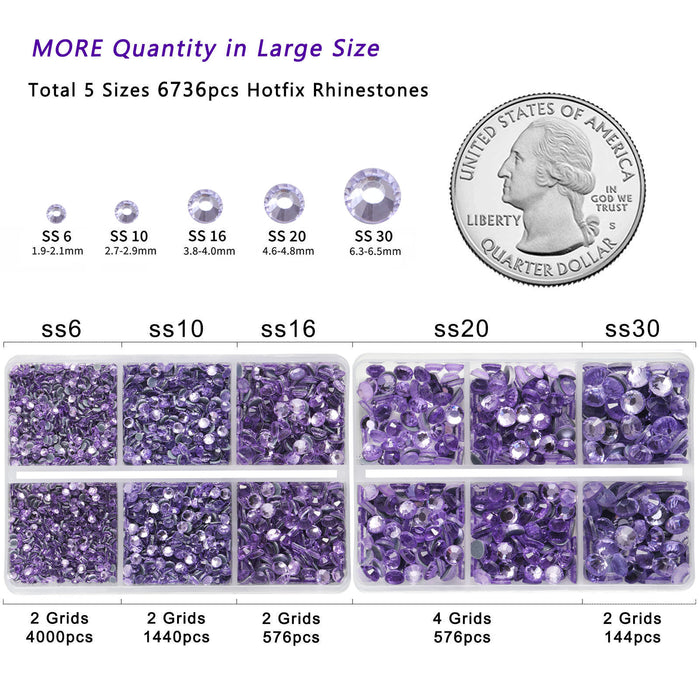6736pcs Hotfix Rhinestones for Crafts Clothes Mixed 5 Sizes, Hotfix Crystals with Tweezers and Wax Pencil Kit, SS6-SS30-Purple Velvet