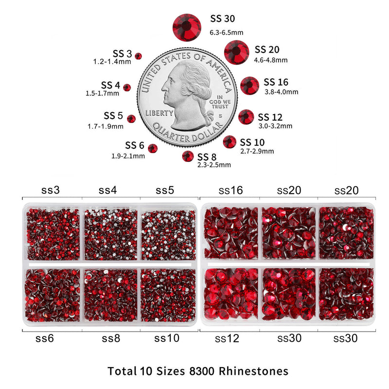 Beadsland 8300PCS Flatback Rhinestones, Nail Gems Round Crystal Rhinestones for Crafts, Mixed 10 Sizes with Wax Pencil and Tweezer Kit, SS3-SS30-Siam