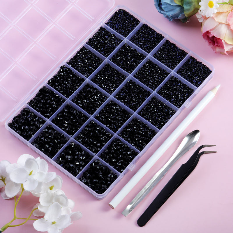 Black Hotfix Rhinestones Multi Sizes Kit, 14400 pcs Heat Fix Rhinestone for Bedazzling Clothes Crafts Mixed 5 Sizes with Wax Pencil, Tweezers and Spoon, SS6-SS30, Black