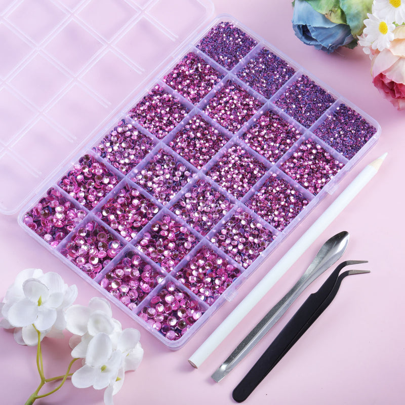 Pink Hotfix Rhinestones Multi Sizes Kit, 14400 pcs Heat Fix Rhinestone for Bedazzling Clothes Crafts Mixed 5 Sizes with Wax Pencil, Tweezers and Spoon, SS6-SS30, Dark Pink
