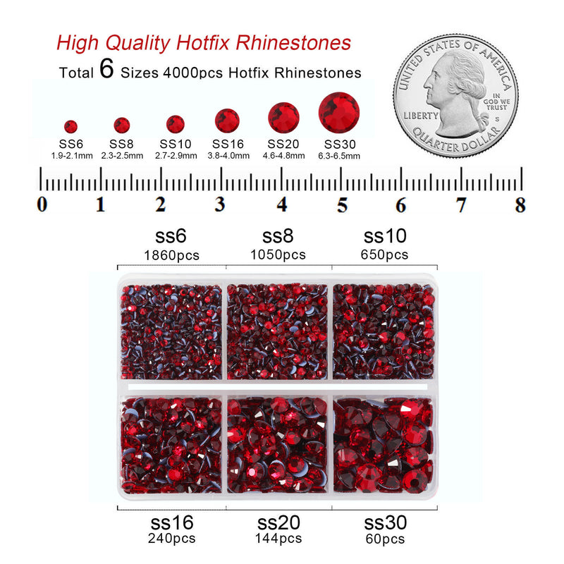 BEADSLAND Hotfix Rhinestones, 4000 PCS Red Rhinestones for Clothes Crafts Mixed 6 Sizes with Wax Pencil and Tweezers Kit, SS6-SS30, Siam
