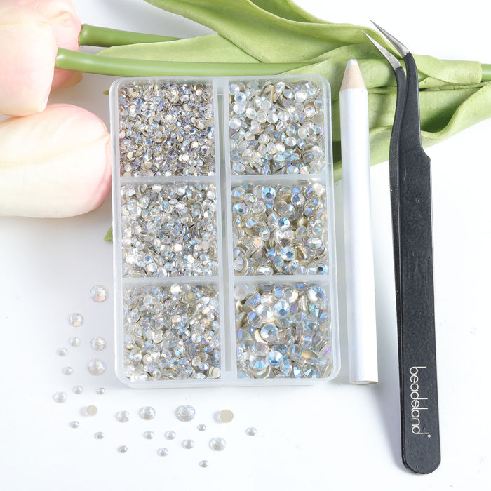 Beadsland 4300 Stück Strasssteine ​​mit flacher Rückseite, Nagelsteine, runde Kristall-Strasssteine ​​zum Basteln, gemischt in 6 Größen, mit Picking-Pinzette und Wachsstift-Set – Bluemoonlight