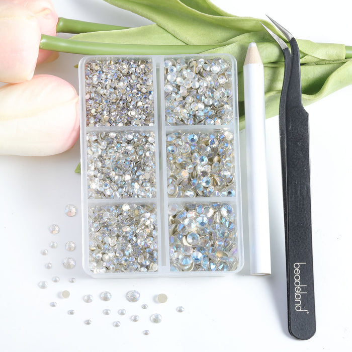 Beadsland 4300 piezas de diamantes de imitación con reverso plano, gemas para uñas, diamantes de imitación de cristal redondos para manualidades, mezcla de 6 tamaños con pinzas para recoger y kit de lápiz de cera, Bluemoonlight