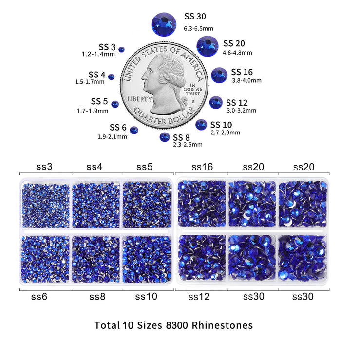 Beadsland 8300 piezas de diamantes de imitación con reverso plano, gemas para uñas, diamantes de imitación de cristal redondos para manualidades, 10 tamaños mezclados con lápiz de cera y kit de pinzas, SS3-SS30-Sapphire