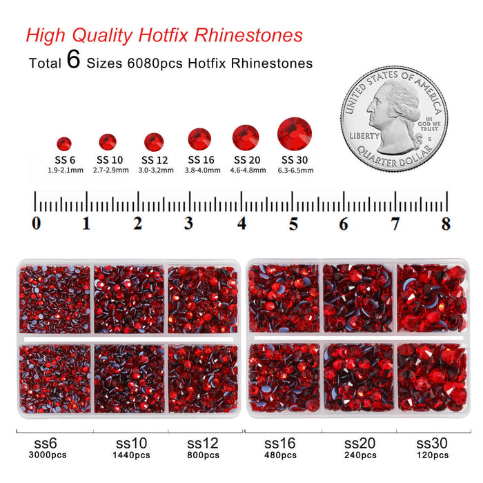 BEADSLAND Hotfix Rhinestones, 6080PCS Light Red Rhinestones for Clothes Crafts Mixed 6 Sizes with Wax Pencil and Tweezers Kit - Light Siam