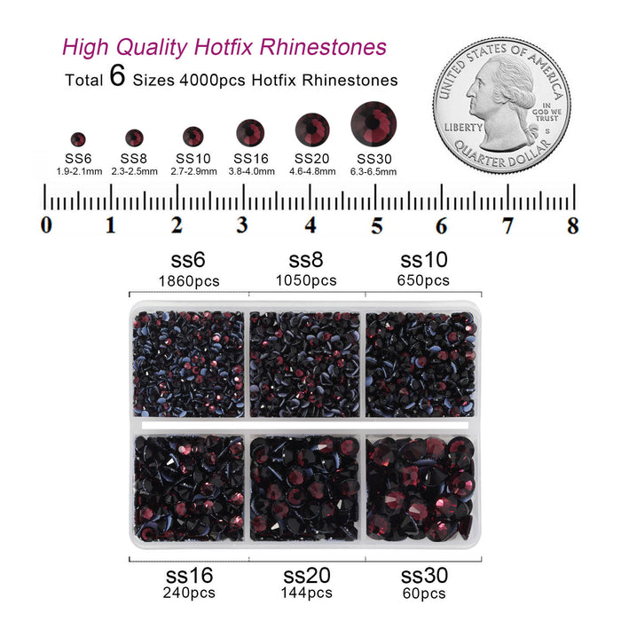 BEADSLAND Hotfix Rhinestones, 4000 PCS Purple Rhinestones for Clothes Crafts Mixed 6 Sizes with Wax Pencil and Tweezers Kit, SS6-SS30, Amethyst